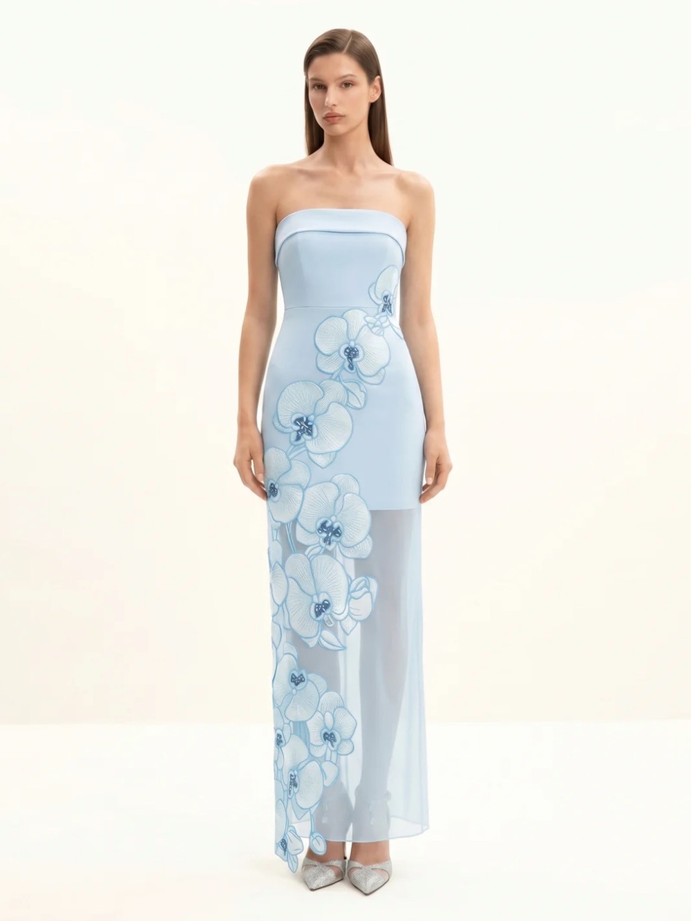 NWT Light Blue Floral Appliqué Evening Dress